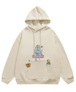 Casual Apricot Hoodie with Cartoon Print